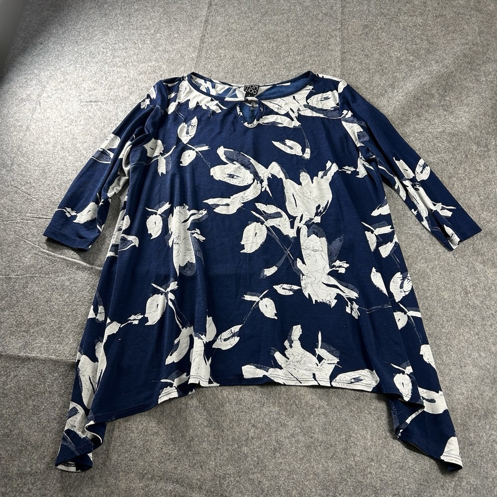 Clara Sun Woo Womens Floral 3/4 Sleeve Top Size Large Blue White Asymmetrical